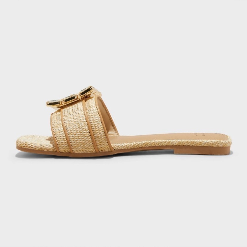 Kelsey Rhinestone Buckle Slide Sandals A New Day Tan Square Toe, Block Heel - Picture 2 of 9